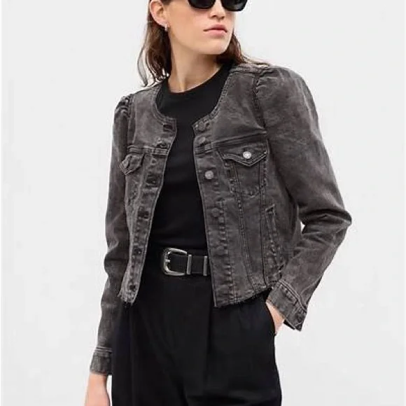 RARE GAP Collarless Black Puff Sleeve Cropped Denim Jacket Small
